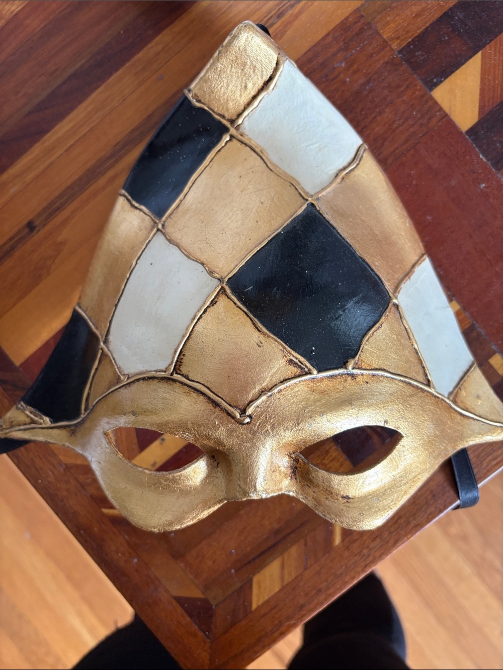 Gold Harlequin Venetian Mask with Black and Cream Panels